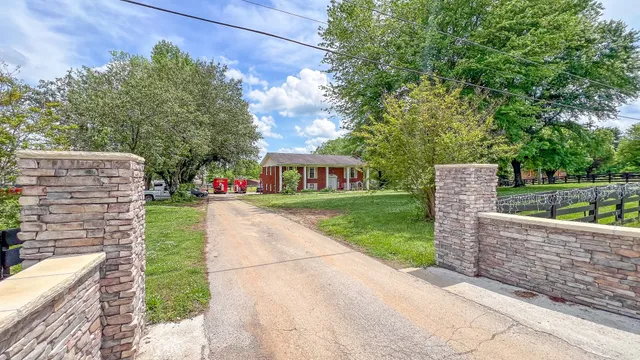 a garden view with a seating space