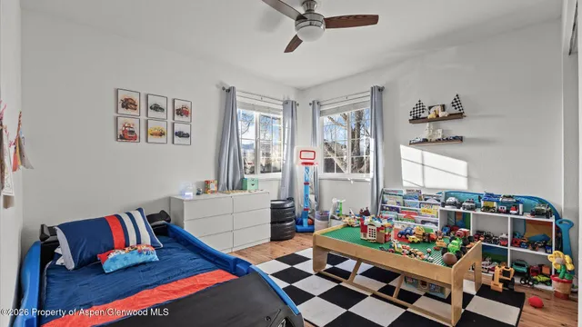 a bedroom with furniture and a rug