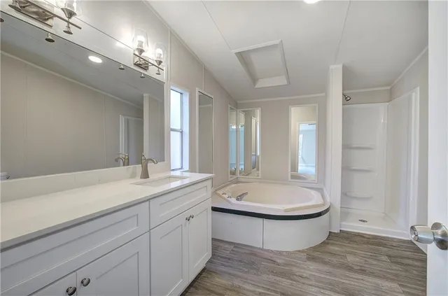 a bathroom with a double vanity sink a mirror and a bathtub