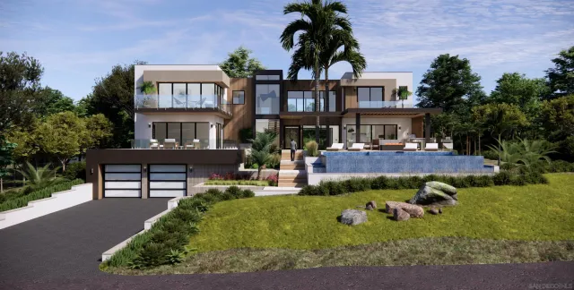 a front view of a house with a garden and sitting area