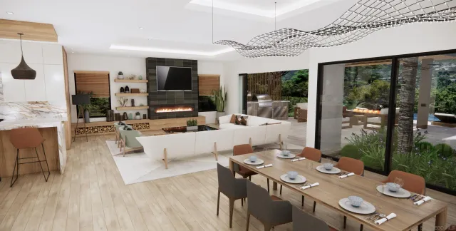 a living room with furniture and large windows