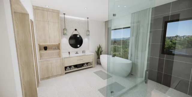 a bathroom with a tub a mirror and a shower