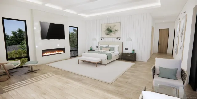 a living room with furniture fireplace and flat screen tv