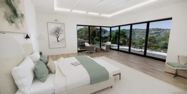 a bedroom with a bed and a large window