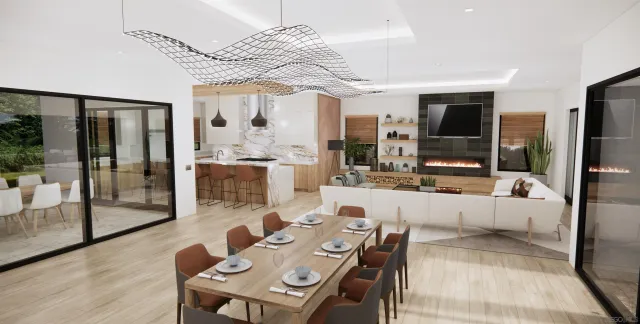 a view of a dining room with furniture wooden floor and chandelier