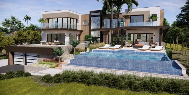 a view of a house with pool and sitting area