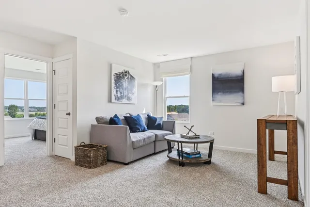 a living room with furniture and a lamp