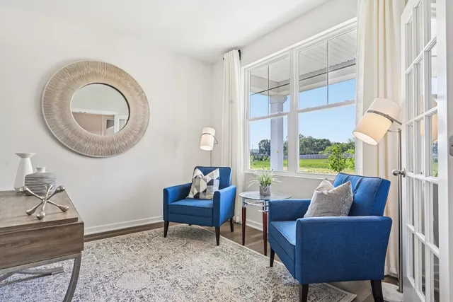 a living room with furniture a rug a lamp and a window