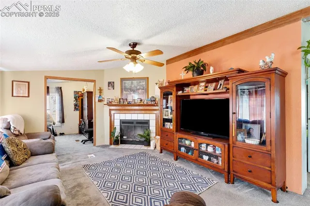 a living room with furniture a flat screen tv and a fireplace