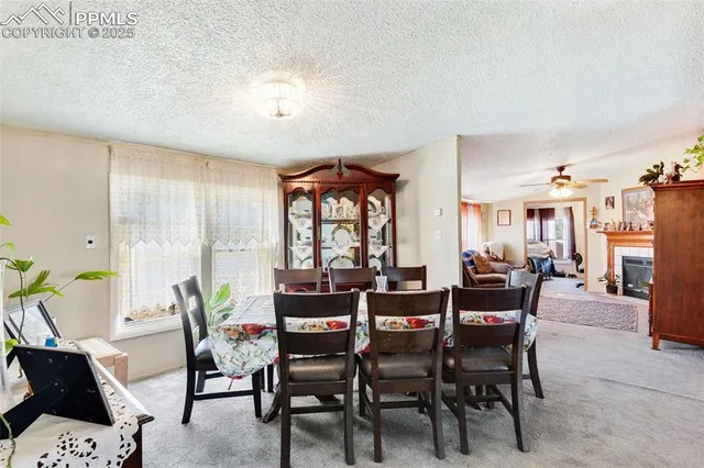 a view of a dining room with furniture and window