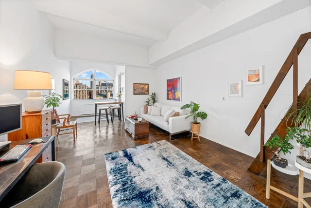 a living room with furniture a rug and a potted plant