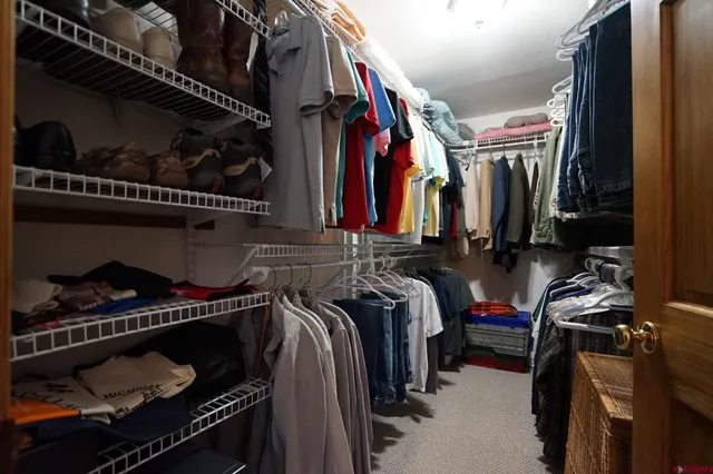 a view of walk in closet with clothes and shoes
