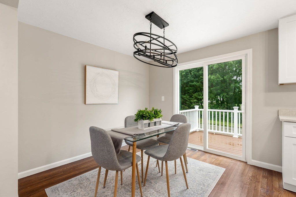 7 Prescott Road Sutton, MA 01588 - Photo 11 of 34 a dining room with wooden floor a chandelier a wooden table and chairs