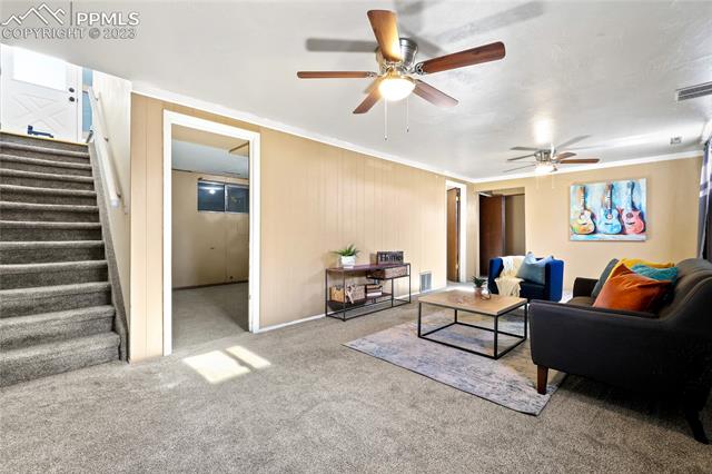 6786 Dale Road Colorado Springs, CO 80915 - Photo 15 of 23 Versatile Basement Family Room with neutral carpet and lighted ceiling fans