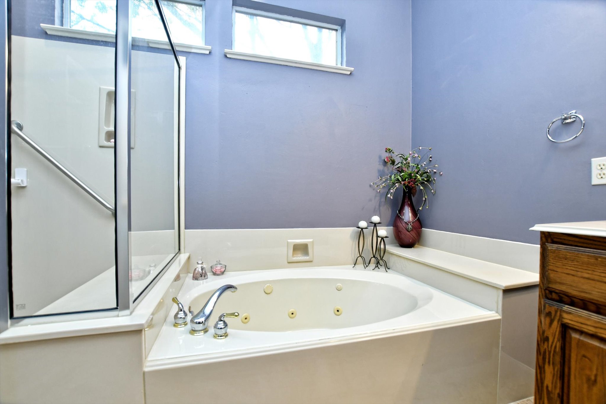 106 Nighthawk Way Georgetown, TX 78633 - Photo 18 of 29 A corner jetted soaking tub and separate glass-enclosed shower create a serene and functional bathroom retreat.