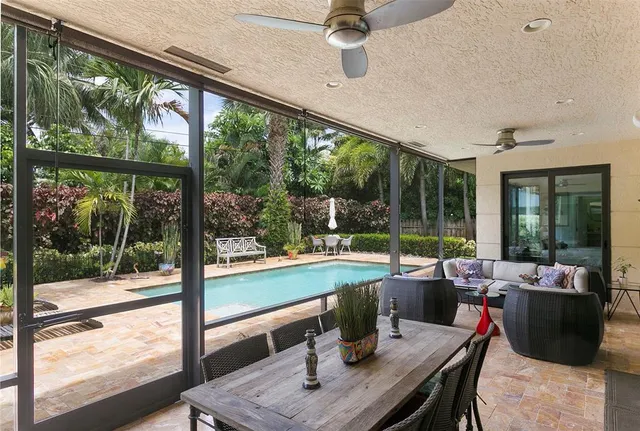 a view of a dining room with furniture window and outside view