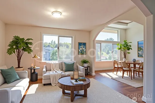 a living room with furniture a potted plant and a large window