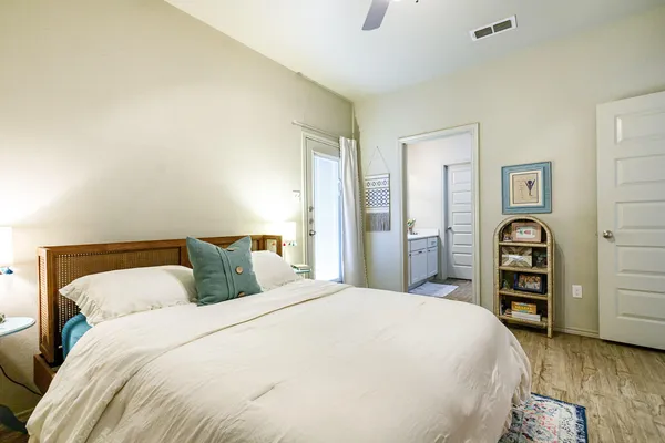 a bedroom with a bed and a closet