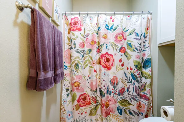 a bathroom with a vanity and a curtain