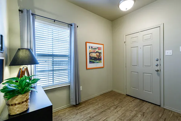 a view of a room that has a potted plant and wooden floor