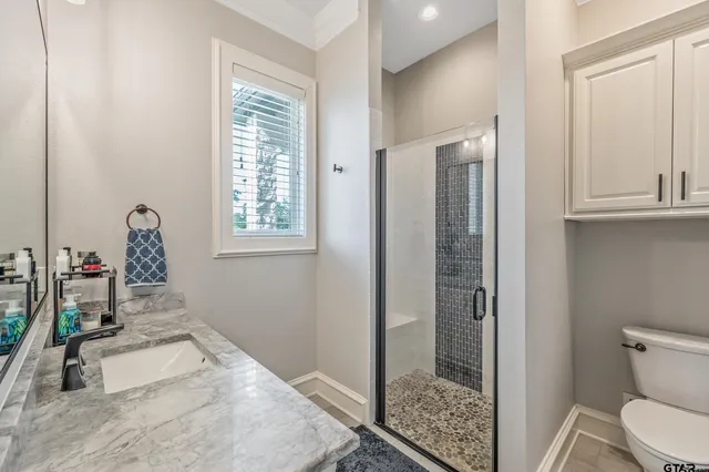 a bathroom with a sink toilet and shower