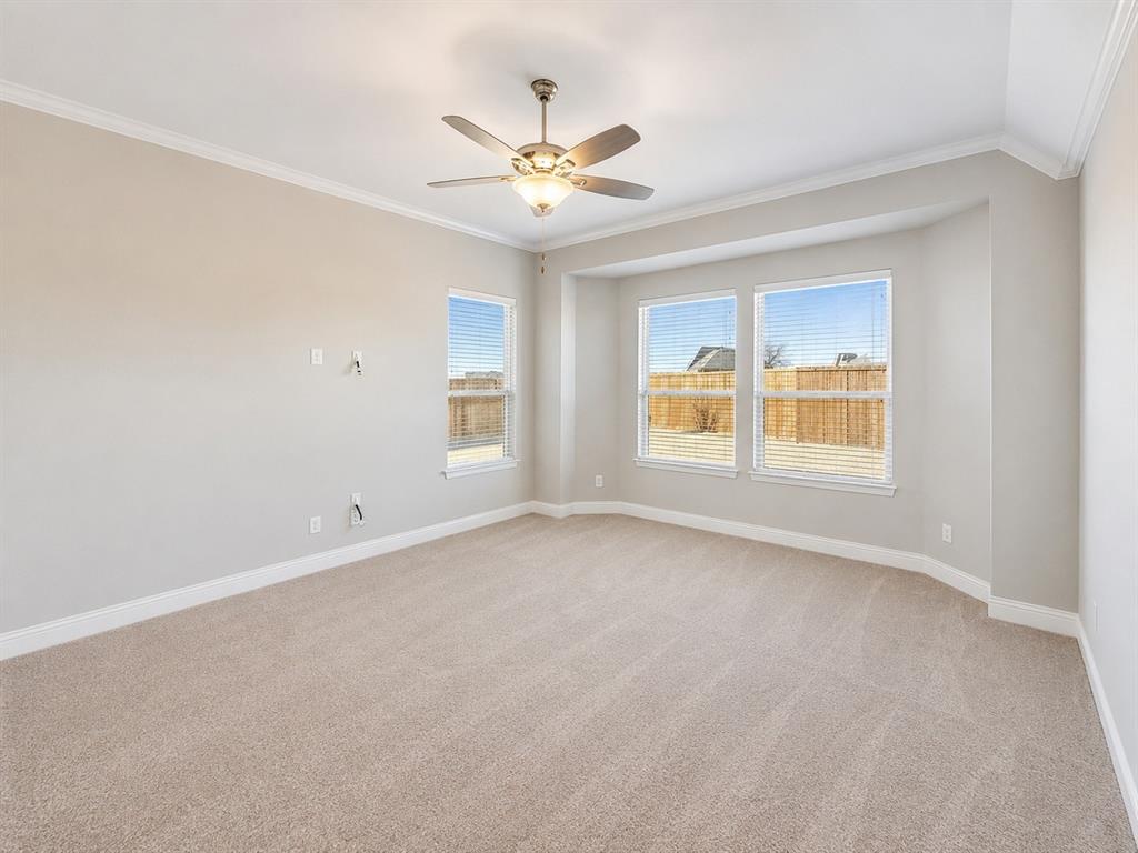 6209 Cupleaf Road Flower Mound, TX 76226 - Photo 19 of 29 Carpeted room featuring a ceiling fan with integrated lighting, a tray ceiling detail, crown molding, and a bay window configuration with three individual windows