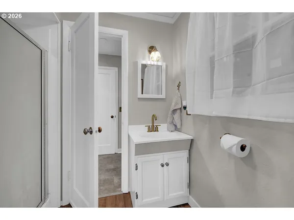 a bathroom with a sink a mirror and a shower