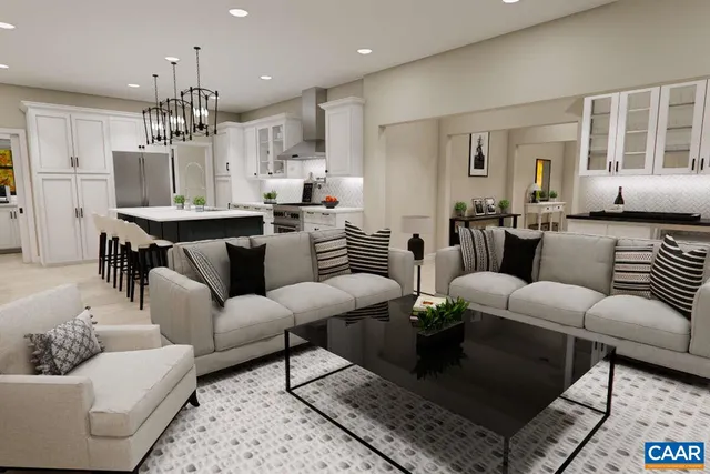 a living room with furniture kitchen view and a chandelier