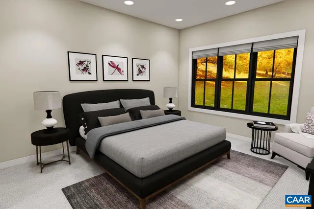 a bedroom with a bed and a large window