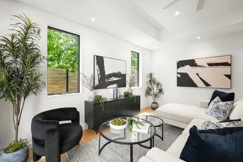 a living room with furniture and a potted plant