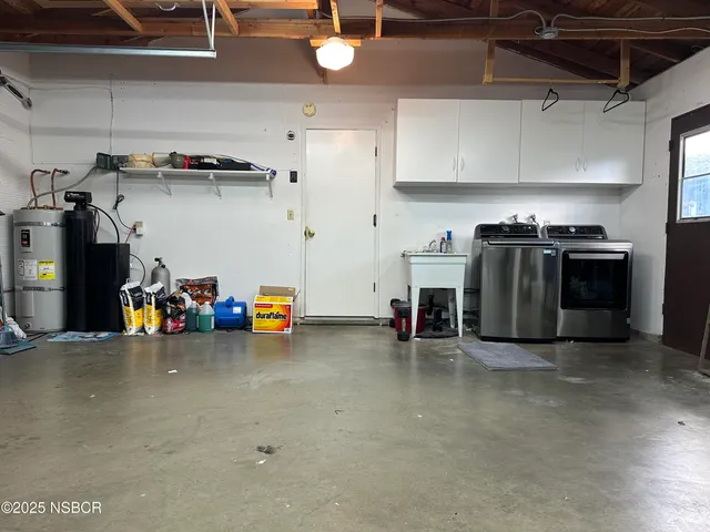 a view of a garage with storage