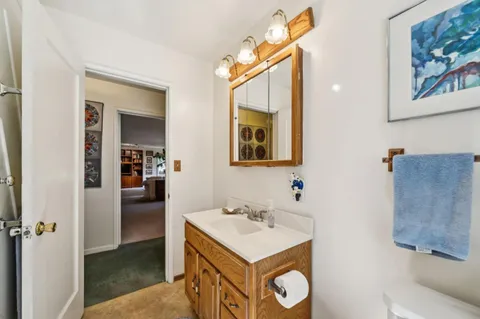 a bathroom with a sink a mirror and a toilet