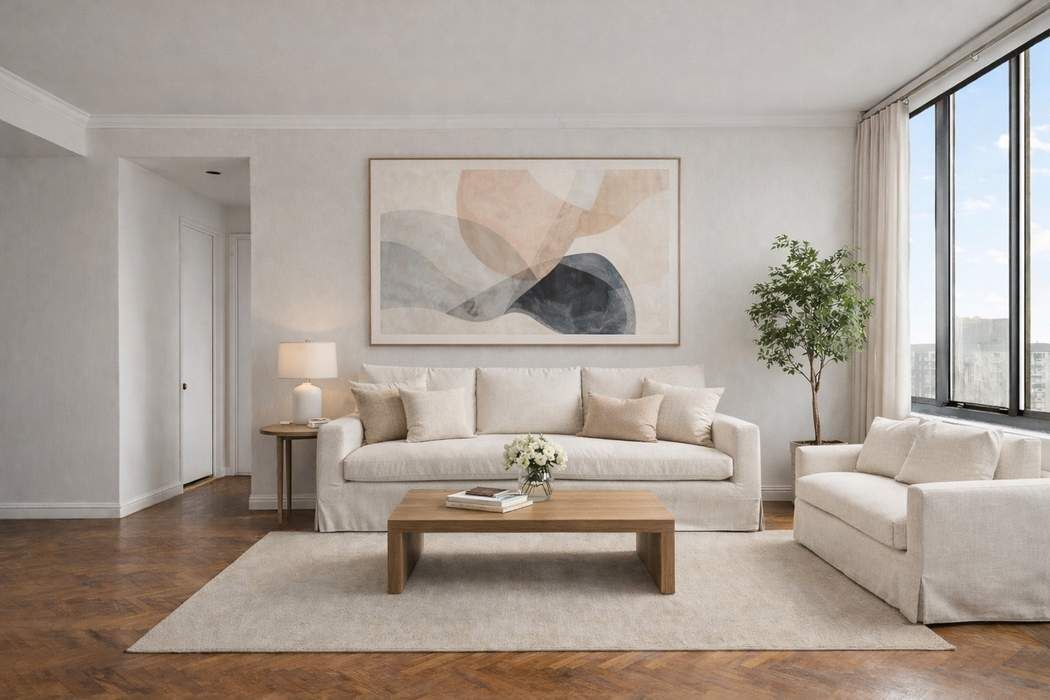 200-210 East 65th Street, Unit 30E Manhattan, NY 10065 - Photo 3 of 17 a living room with furniture and a potted plant next to a window