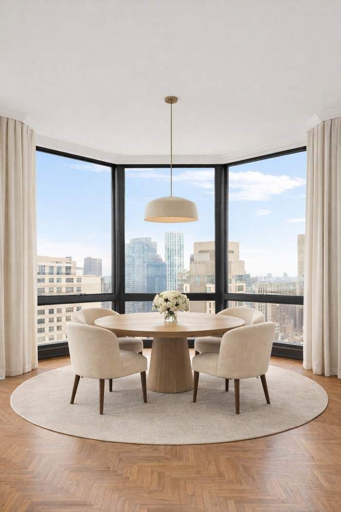 200-210 East 65th Street, Unit 30E Manhattan, NY 10065 - Photo 5 of 17 a living room with couches a coffee table and four dining tables with a large window