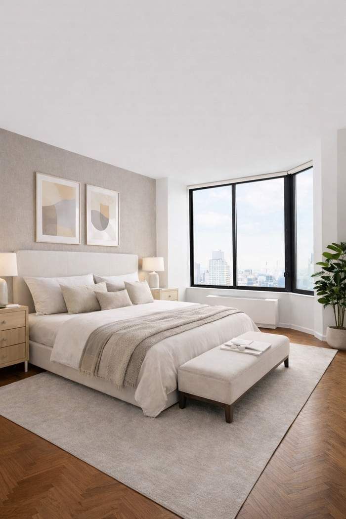 200-210 East 65th Street, Unit 30E Manhattan, NY 10065 - Photo 9 of 17 a bedroom with a bed and a large window