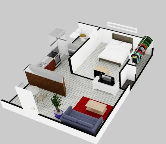 an aerial view of a living room and utility room