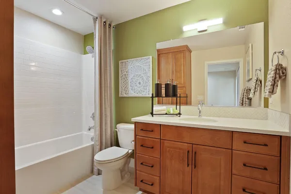 a bathroom with a sink toilet vanity and shower