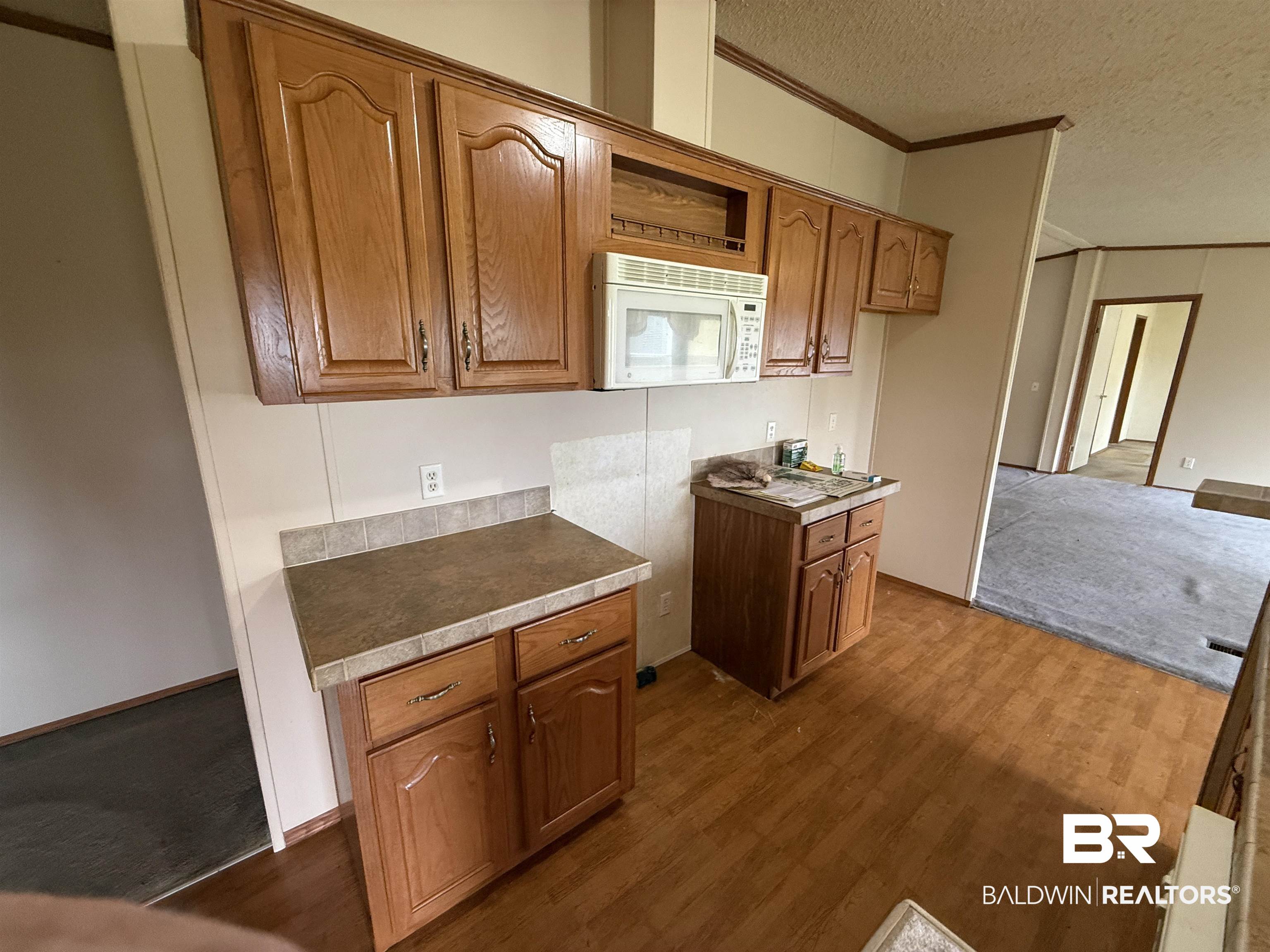 14402 County Road 55 Foley, AL 36535 - Photo 9 of 20 Kitchen featuring crown molding, a textured ceiling, and dark hardwood / wood-style flooring