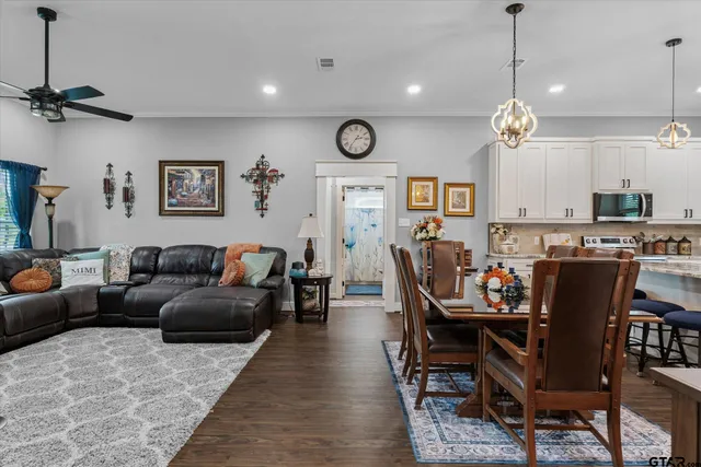 a view of a dining room with furniture