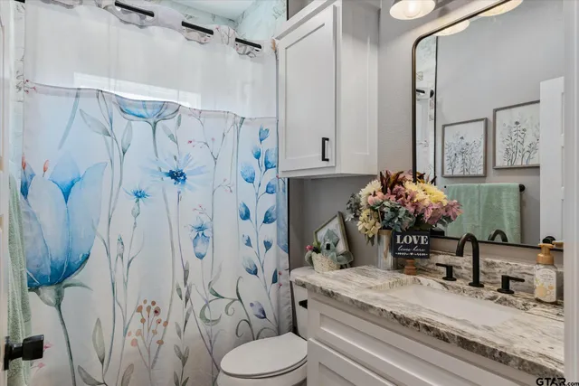 a bathroom with a granite countertop sink a toilet and shower