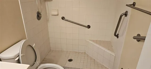 a bathroom with a shower and toilet