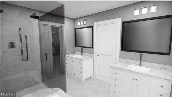 a bathroom with a double vanity sink mirror and shower