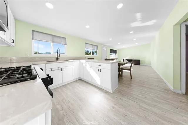 a kitchen with a sink a stove a refrigerator and cabinets