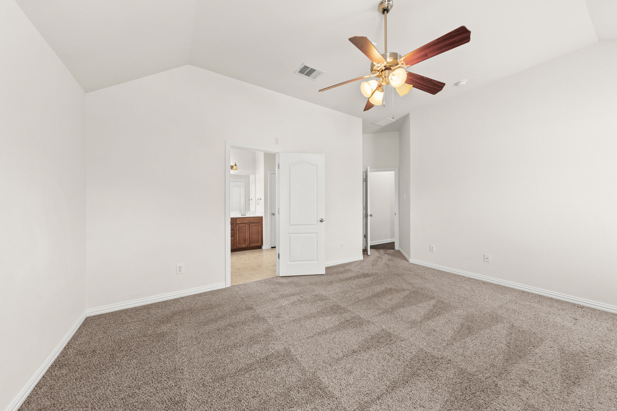 411 Tascate Street Georgetown, TX 78628 - Photo 21 of 41 A spacious primary bedroom featuring plush carpeting, a vaulted ceiling, and an en-suite bathroom.