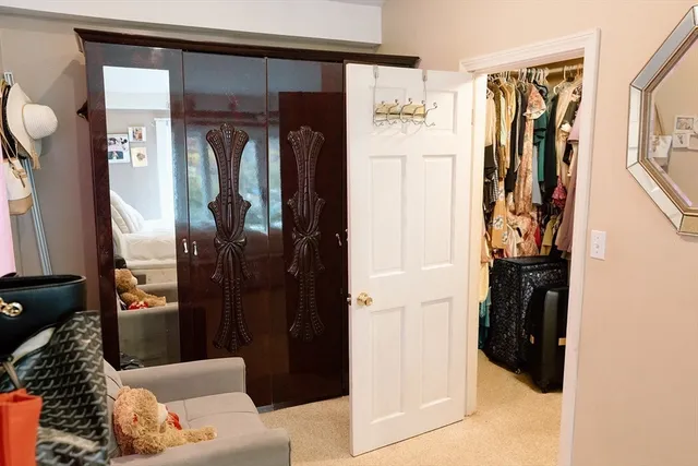 a living room with a couch and a closet