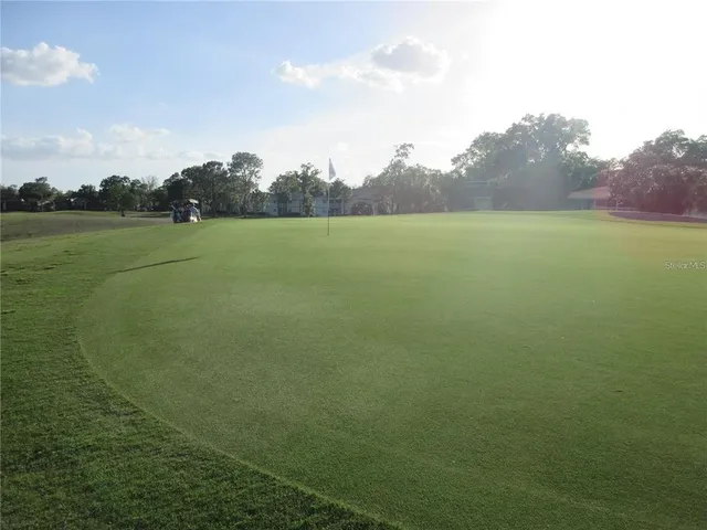 a view of a field with trees in the background