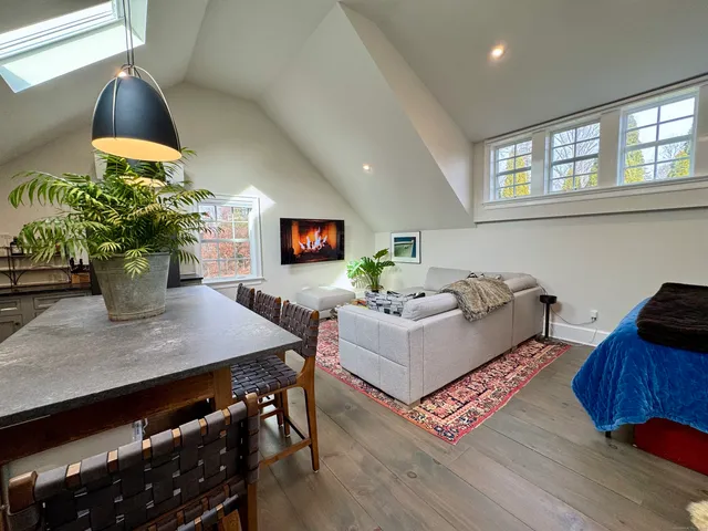 a living room with furniture and a potted plant