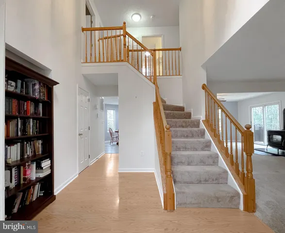 a view of staircase with lots of frames on wall and a potted plant