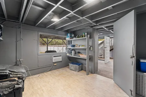 a storage room with a stove