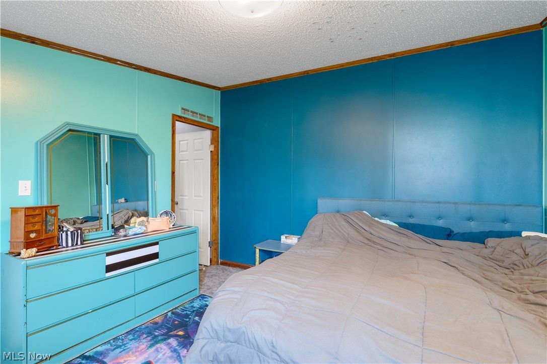 7848 Clay Pike Road Cambridge, OH 43725 - Photo 7 of 12 Bedroom with carpet floors, a textured ceiling, and crown molding